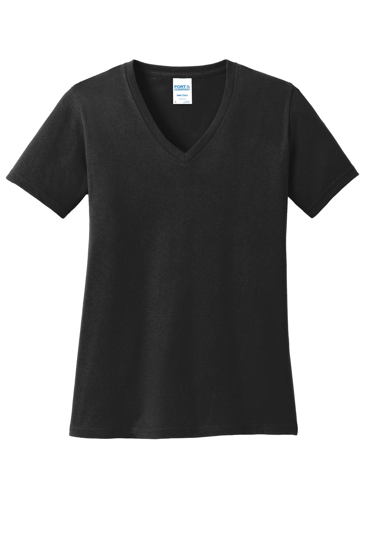 Front View of Jet Black Port & Co Women's Core Cotton V-Neck Tee. LPC54V plain