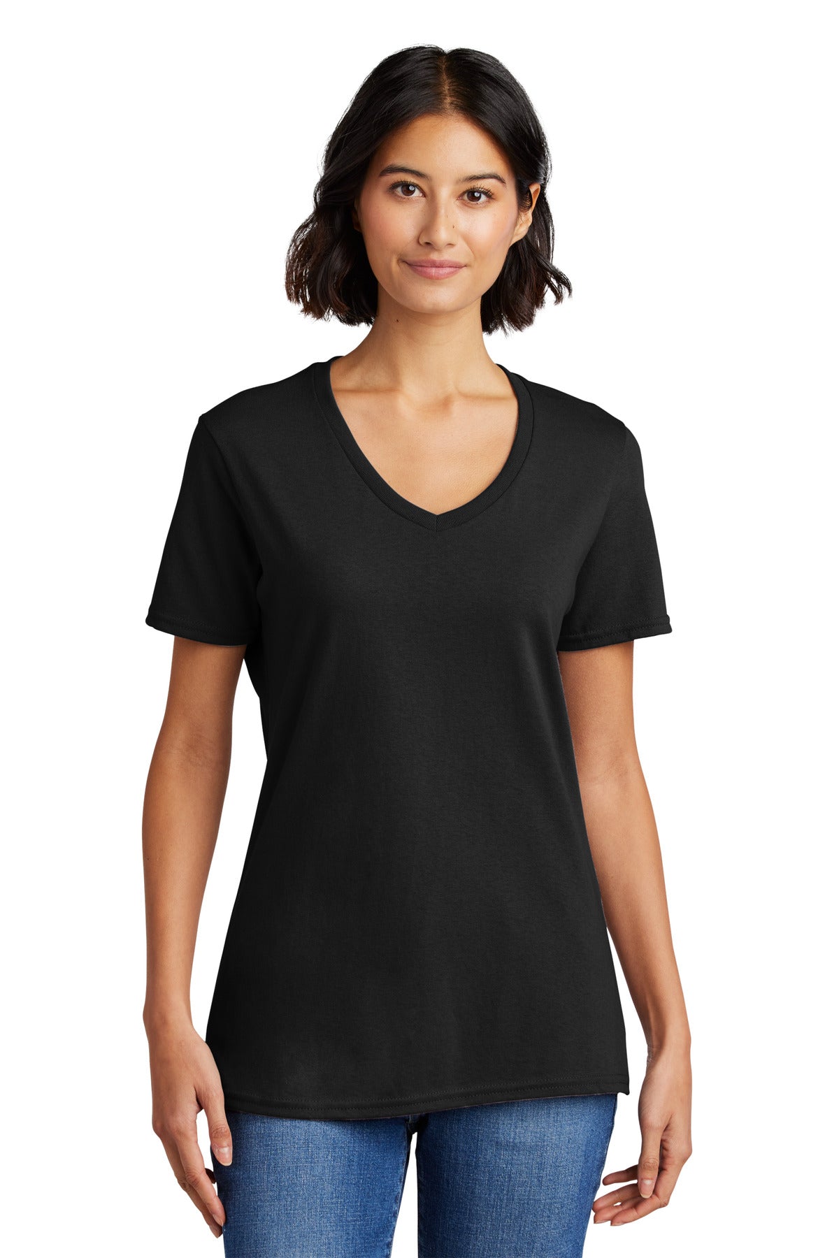 Front View of Jet Black Port & Co Women's Core Cotton V-Neck Tee. LPC54V plain