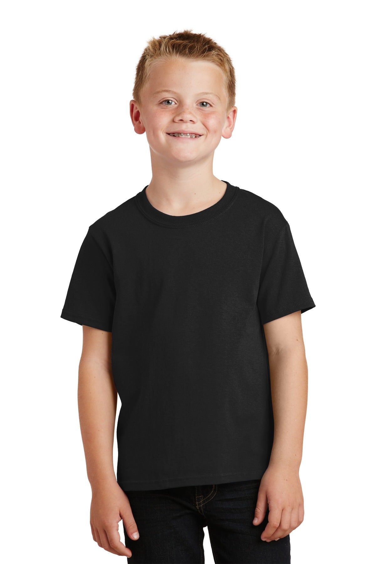 Front View of Jet Black Port & Co Youth Core Cotton Tee. PC54Y plain