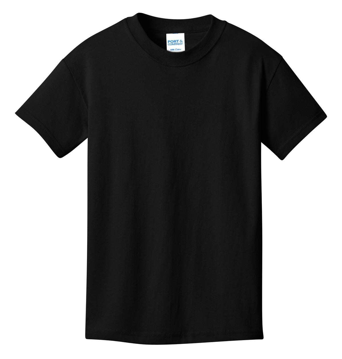 Front View of Jet Black Port & Co Youth Core Cotton Tee. PC54Y plain
