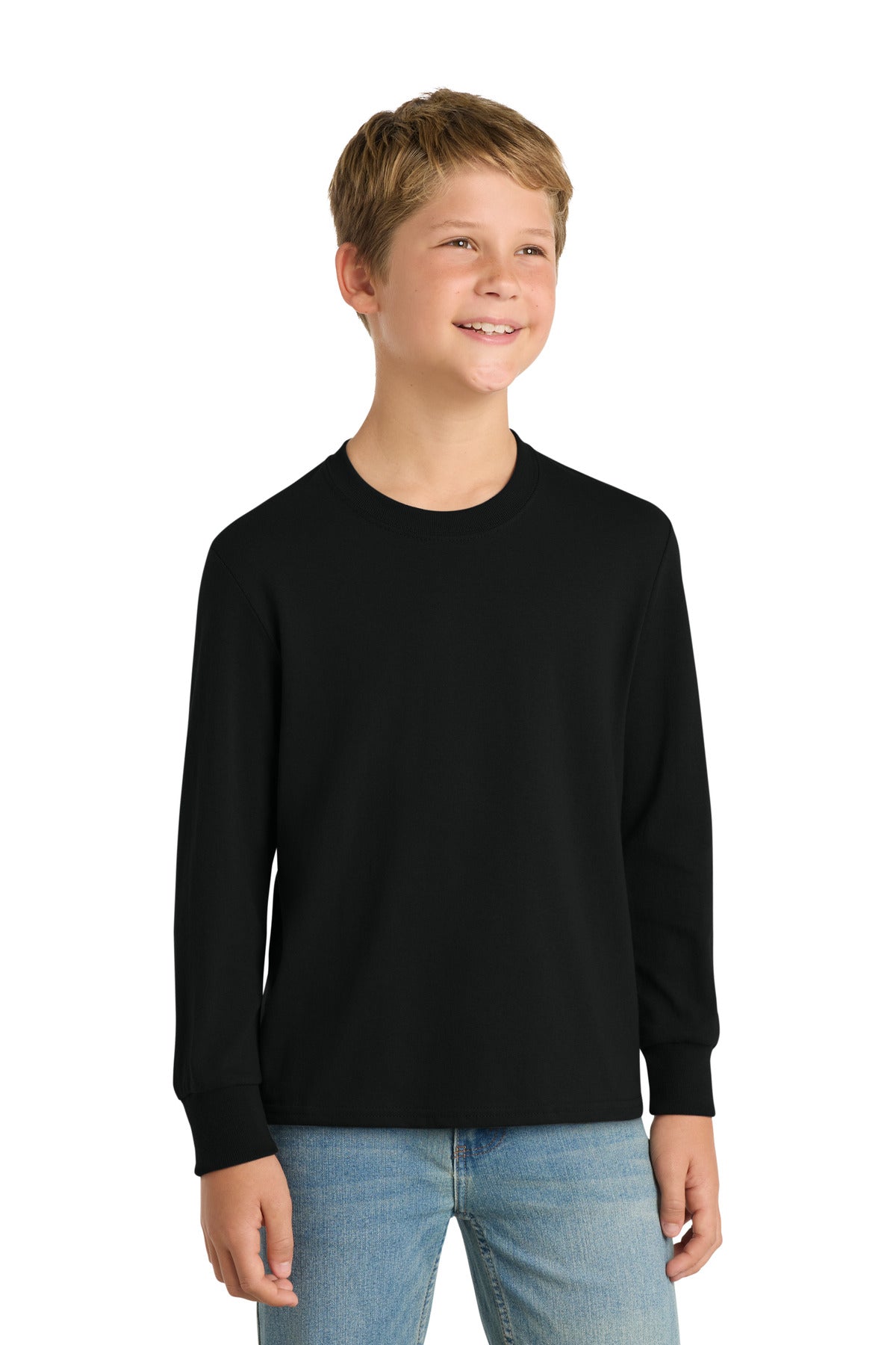 Front View of Jet Black Port & Co Youth Long Sleeve Core Cotton Tee. PC54YLS plain