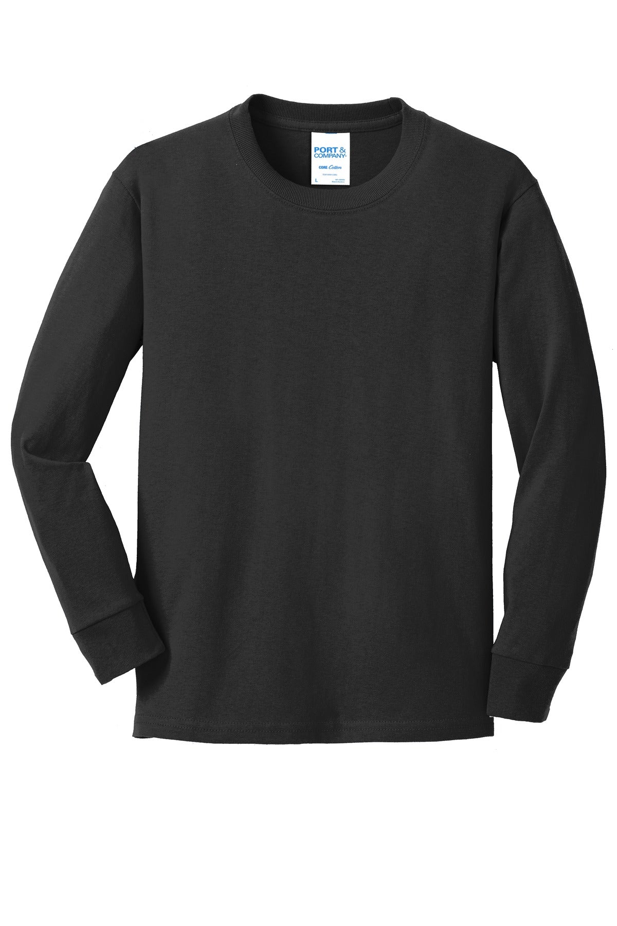 Front View of Jet Black Port & Co Youth Long Sleeve Core Cotton Tee. PC54YLS plain