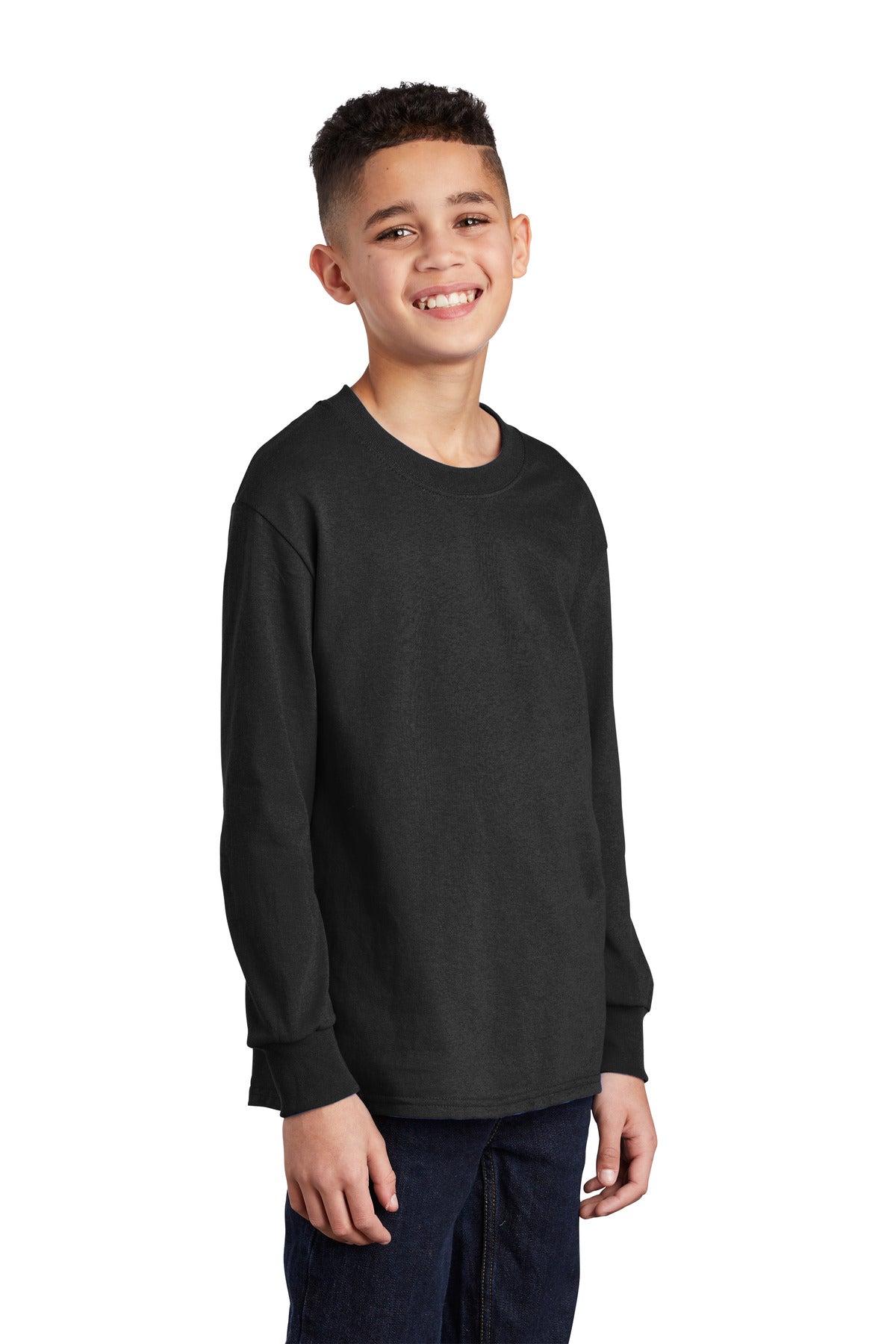 Front View of Jet Black Port & Co Youth Long Sleeve Core Cotton Tee. PC54YLS plain