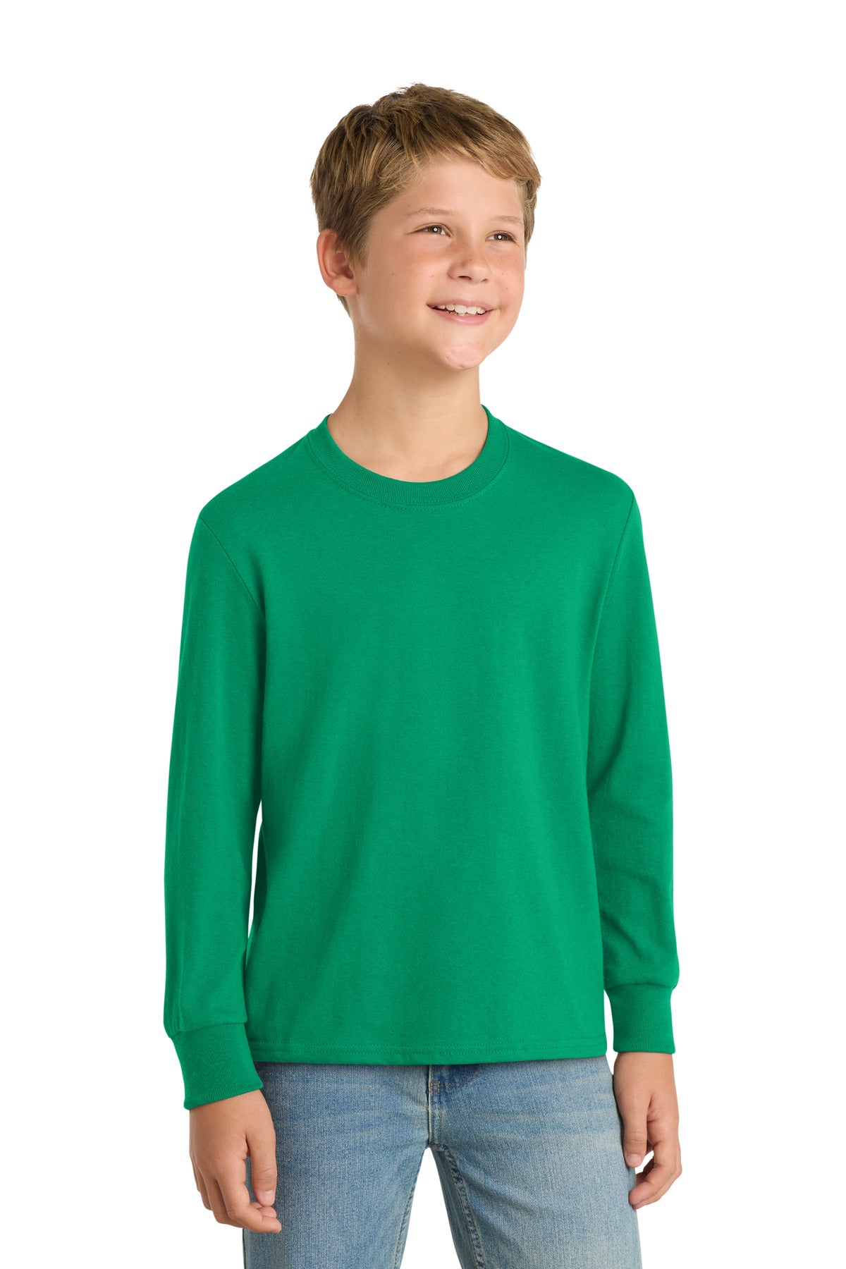 Front View of Kelly Port & Co Youth Long Sleeve Core Cotton Tee. PC54YLS plain