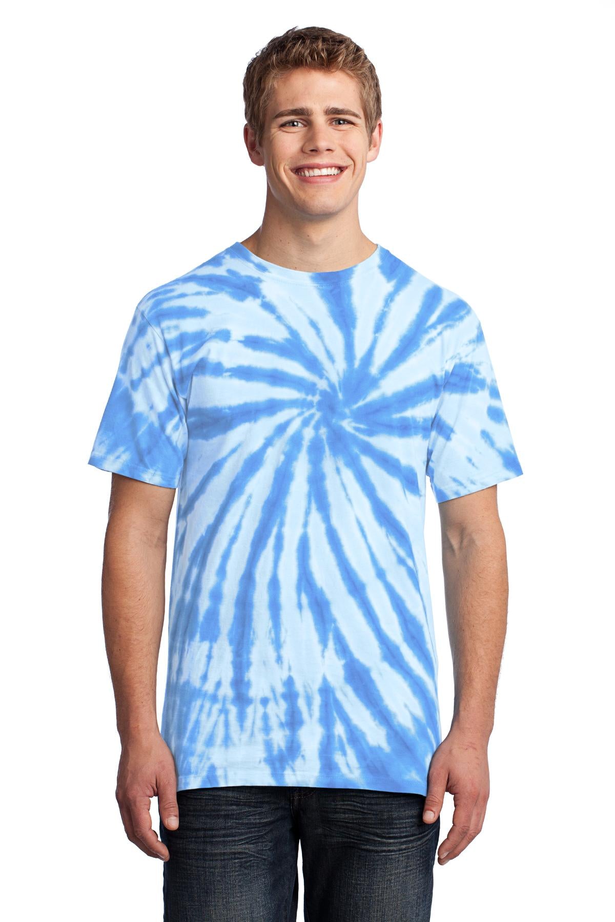 Front View of Light Blue Port & Co Tie-Dye Tee. PC147 plain
