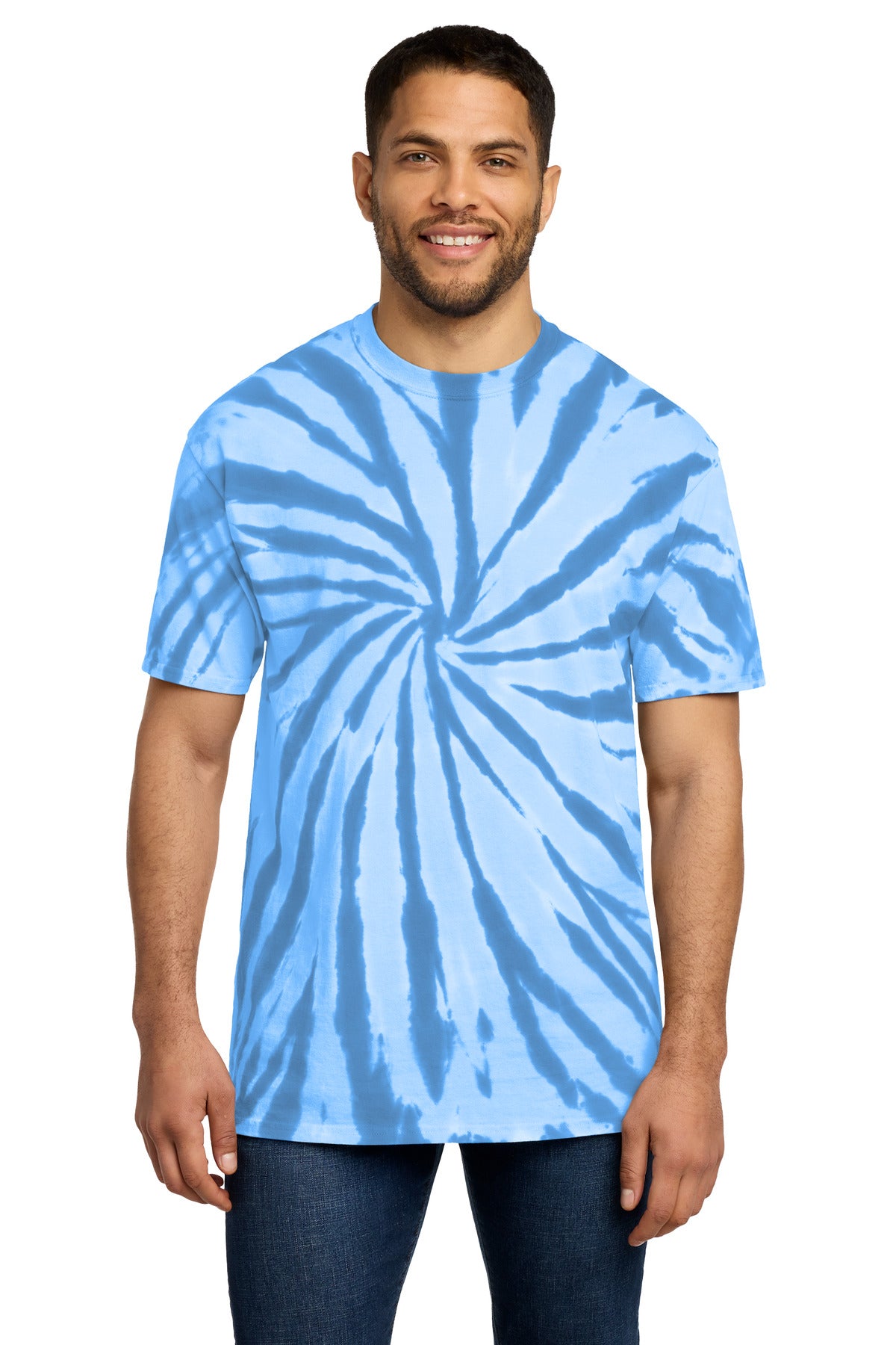 Front View of Light Blue Port & Co Tie-Dye Tee. PC147 plain