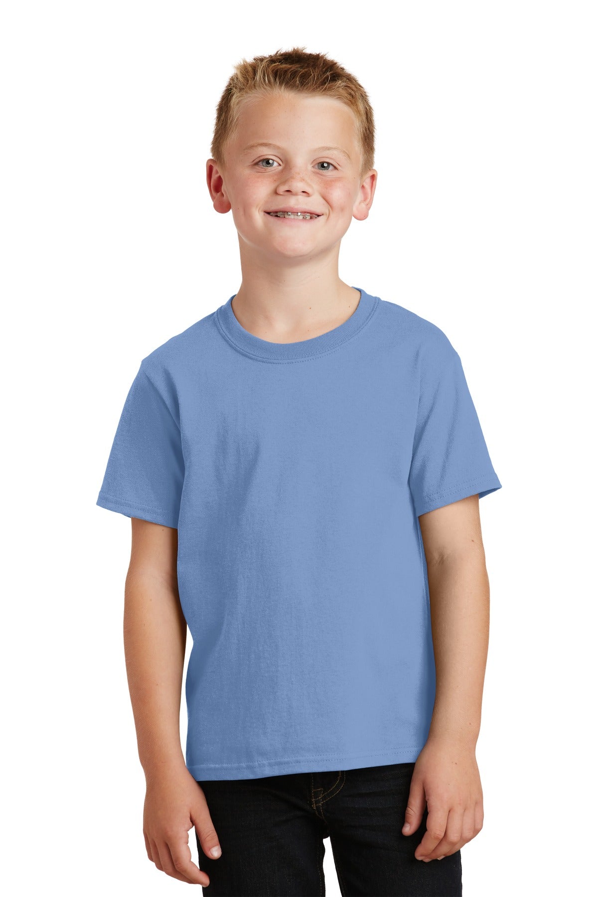 Front View of Light Blue Port & Co Youth Core Cotton Tee. PC54Y plain