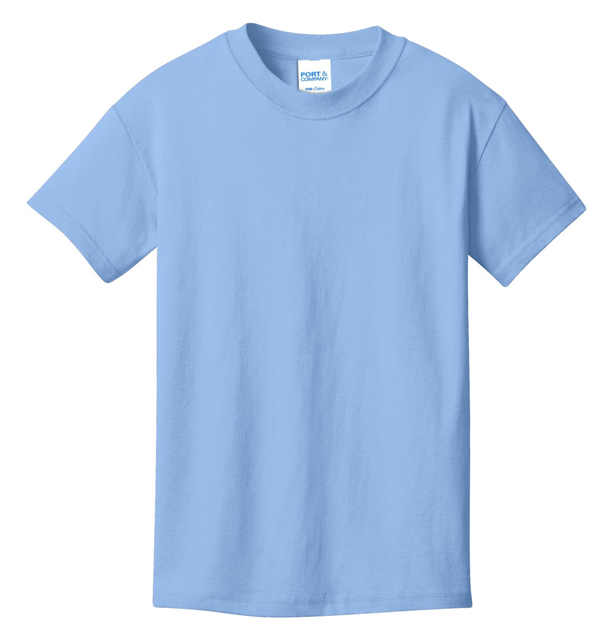 Front View of Light Blue Port & Co Youth Core Cotton Tee. PC54Y plain