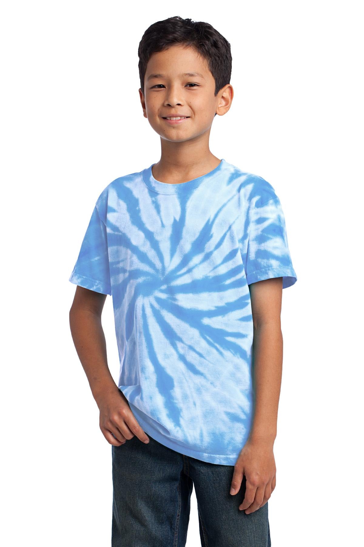 Front View of Light Blue Port & Co Youth Tie-Dye Tee. PC147Y plain