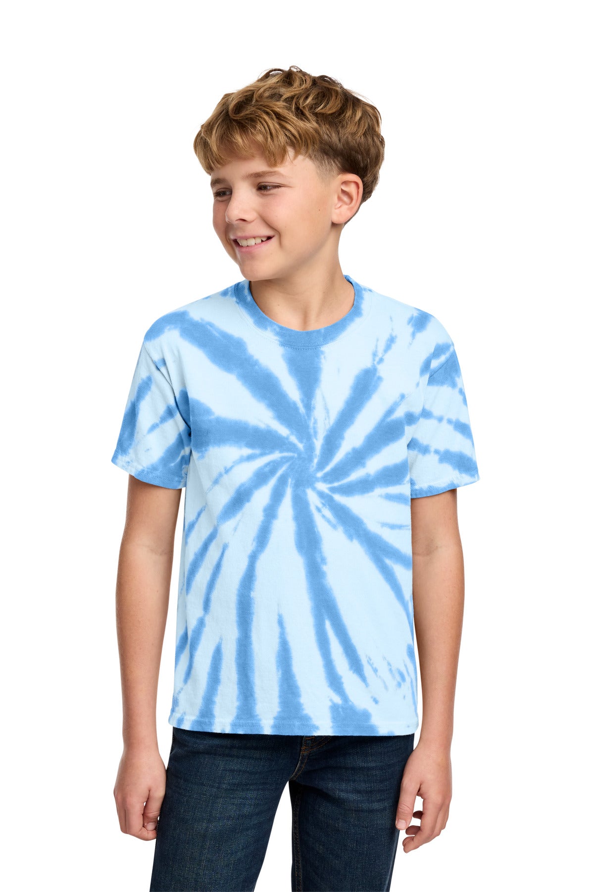 Front View of Light Blue Port & Co Youth Tie-Dye Tee. PC147Y plain