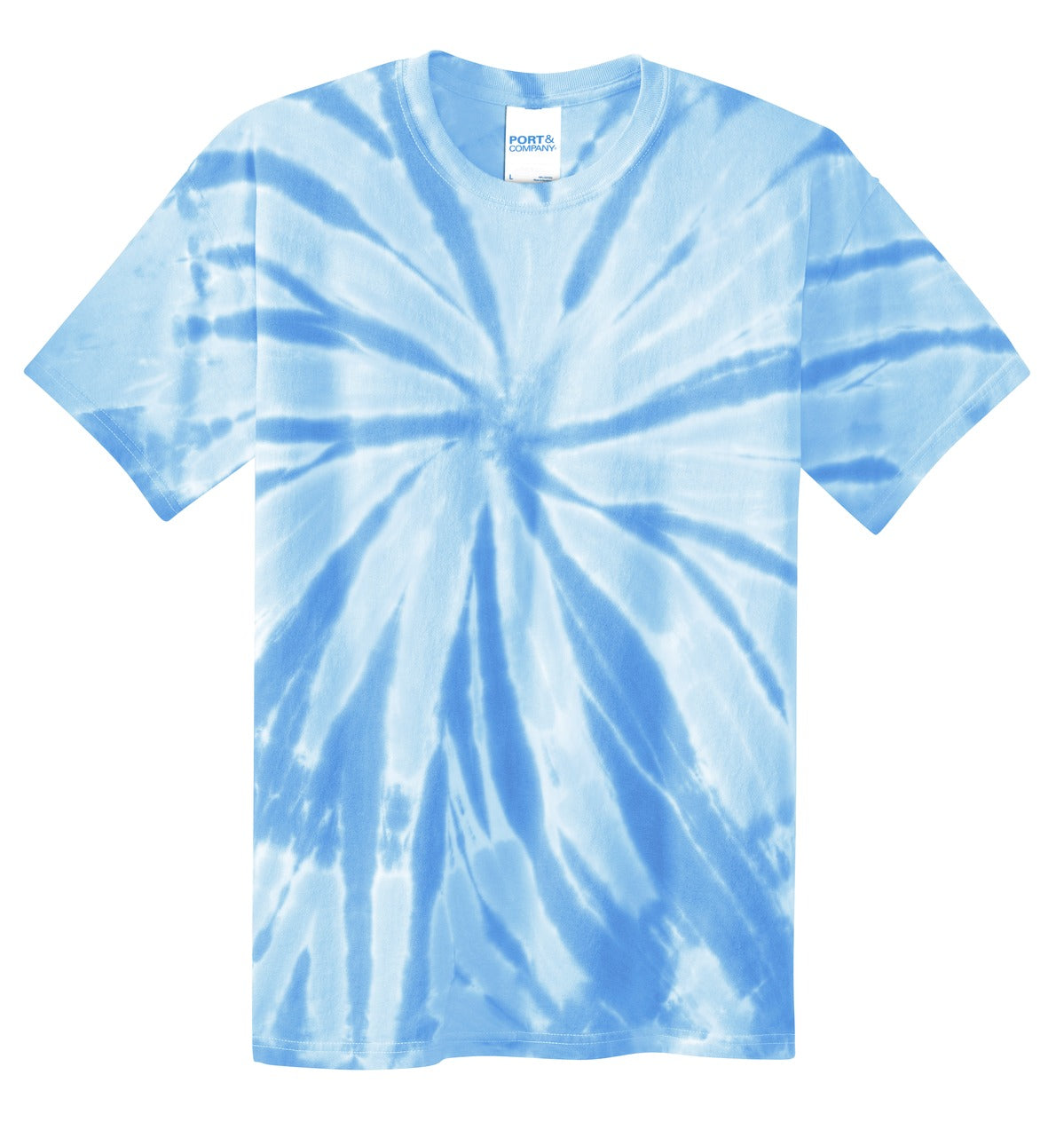 Front View of Light Blue Port & Co Youth Tie-Dye Tee. PC147Y