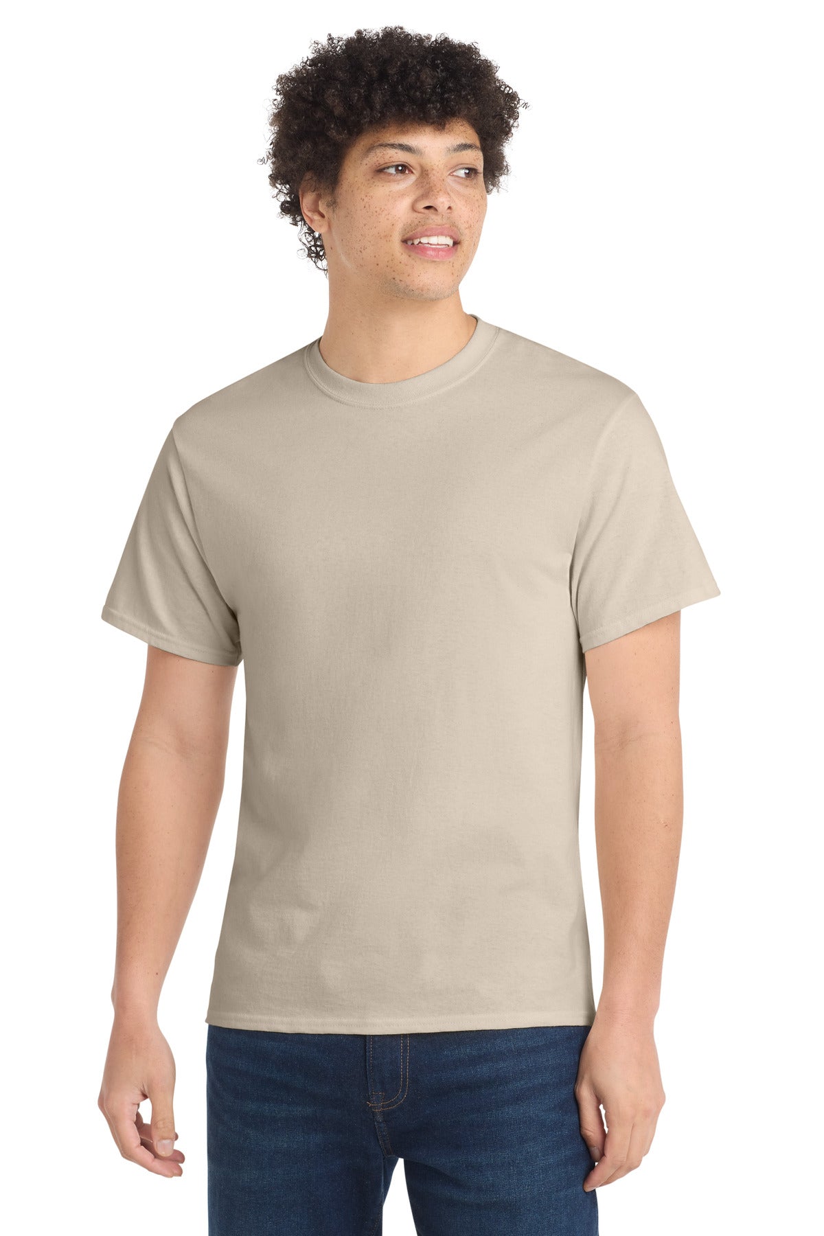 Front View of LightSand Port & Co Core Cotton Tee. PC54 plain