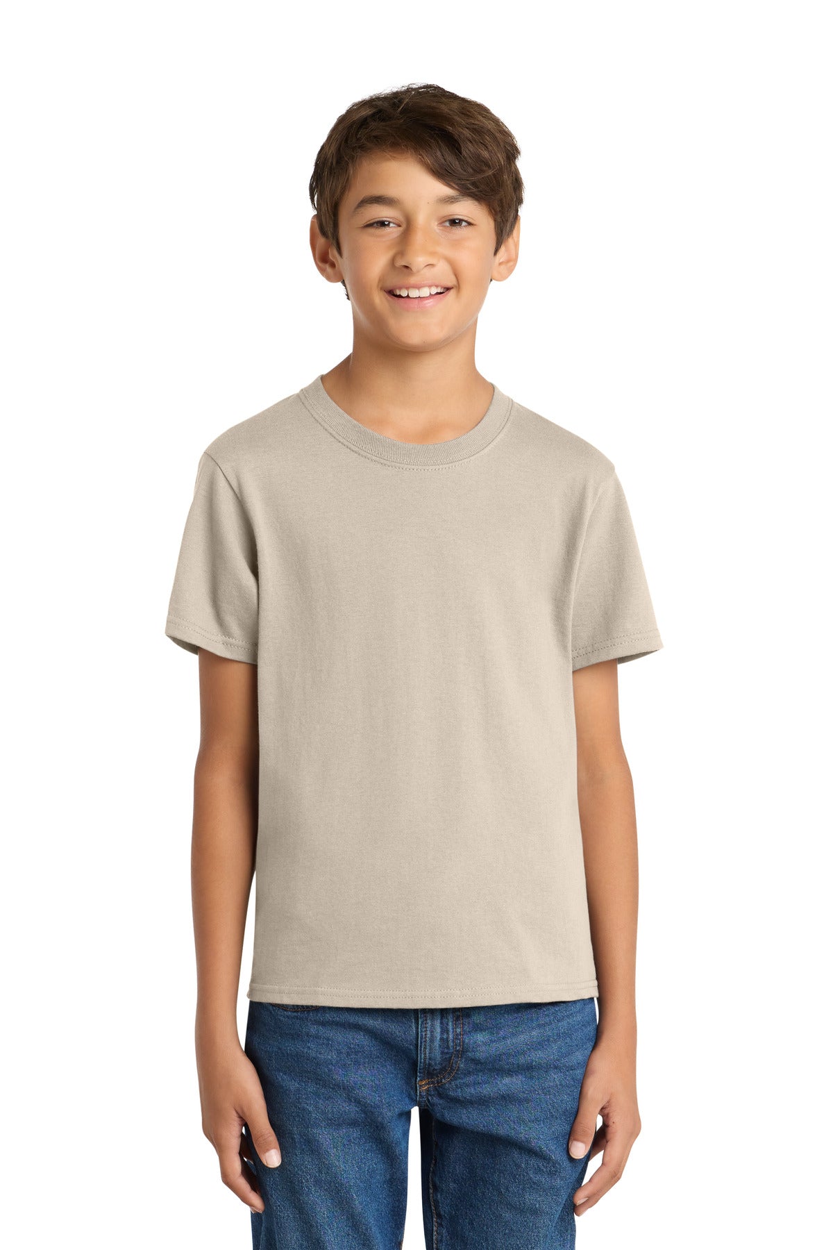 Front View of LightSand Port & Co Youth Core Cotton Tee. PC54Y plain