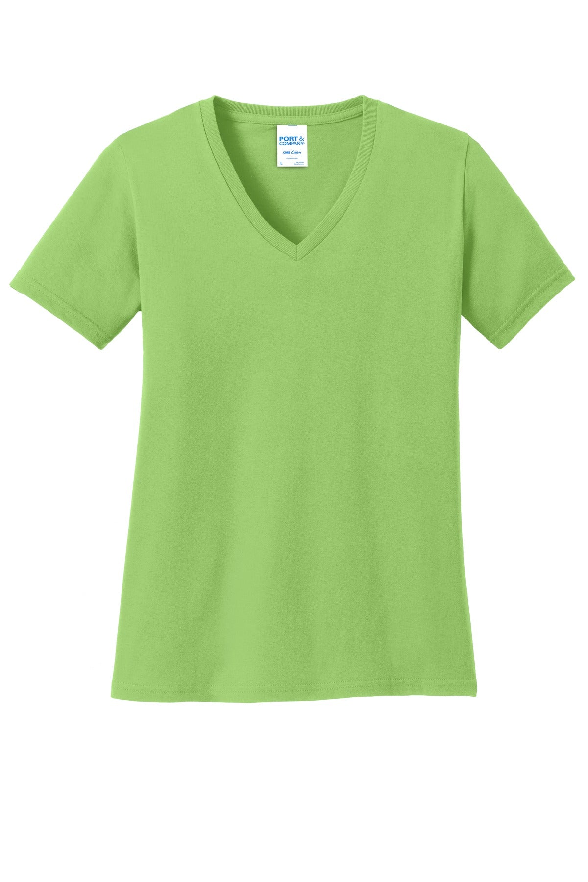 Front View of Lime Port & Co Women's Core Cotton V-Neck Tee. LPC54V plain