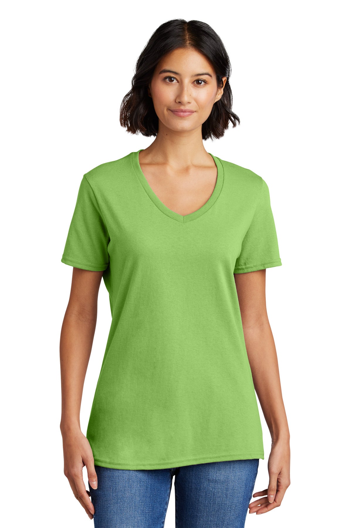 Front View of Lime Port & Co Women's Core Cotton V-Neck Tee. LPC54V plain