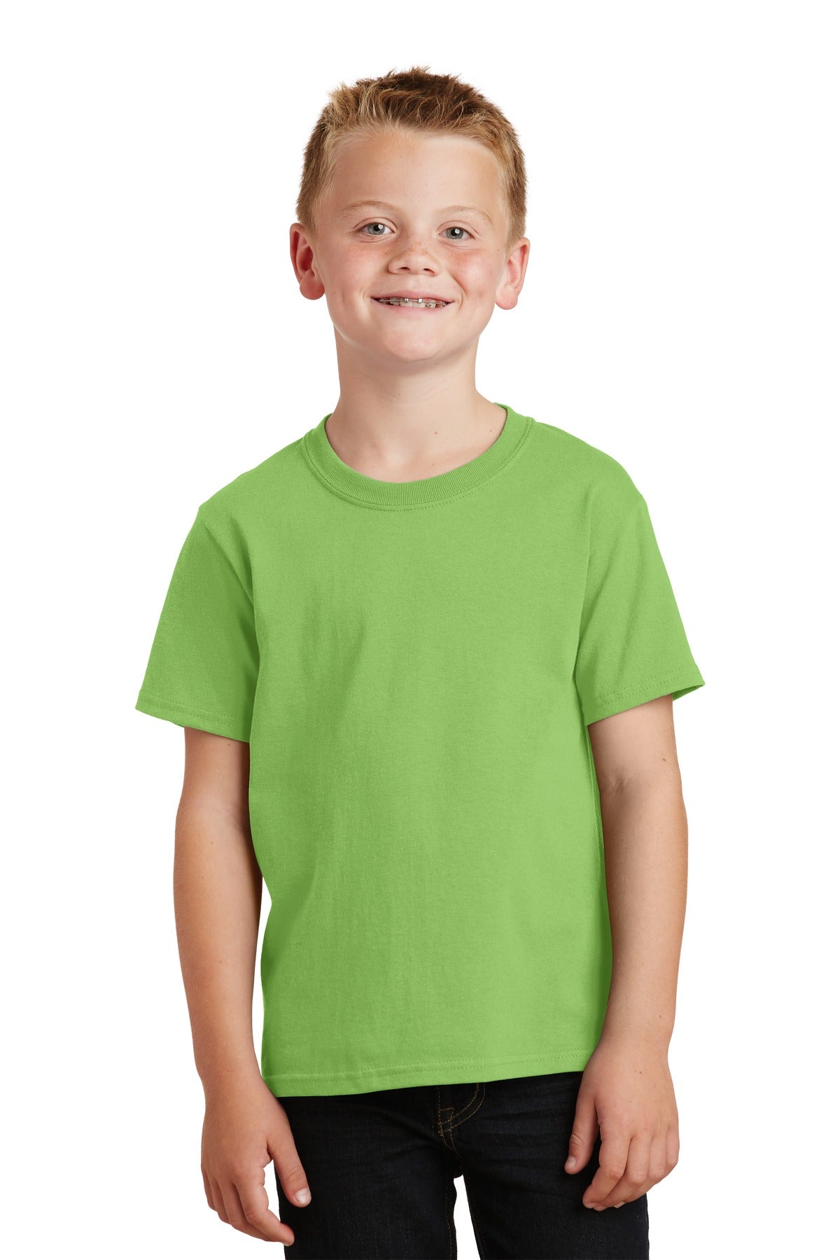 Front View of Lime Port & Co Youth Core Cotton Tee. PC54Y plain