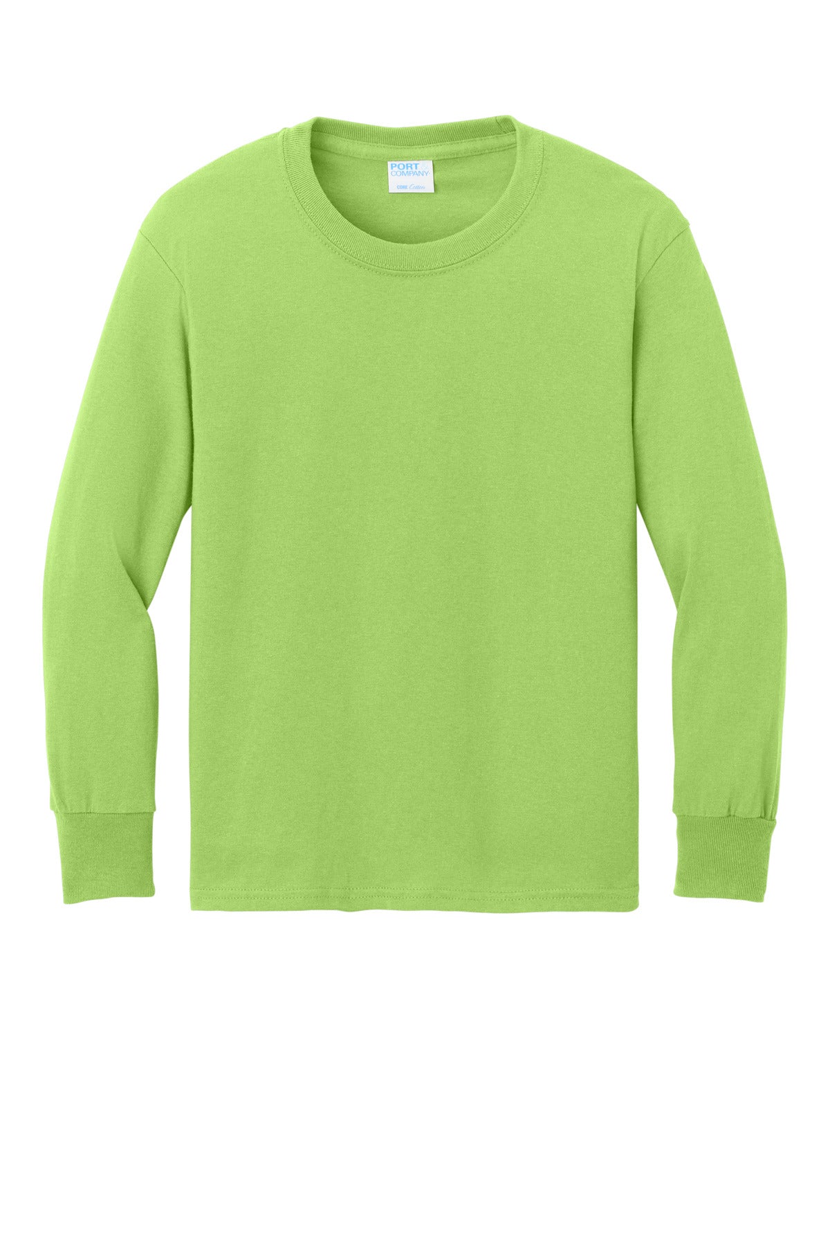 Front View of Lime Port & Co Youth Long Sleeve Core Cotton Tee. PC54YLS plain