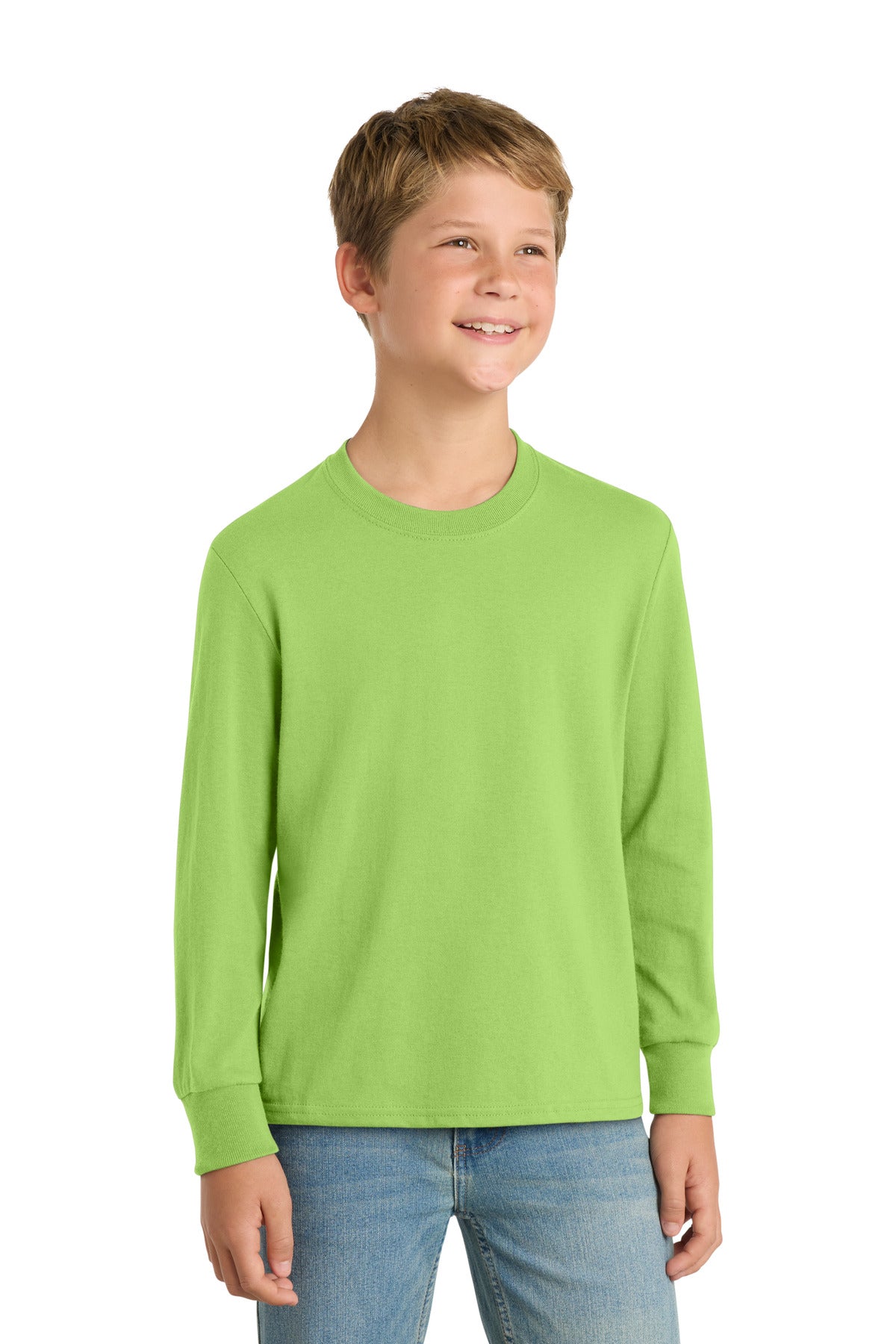Front View of Lime Port & Co Youth Long Sleeve Core Cotton Tee. PC54YLS plain