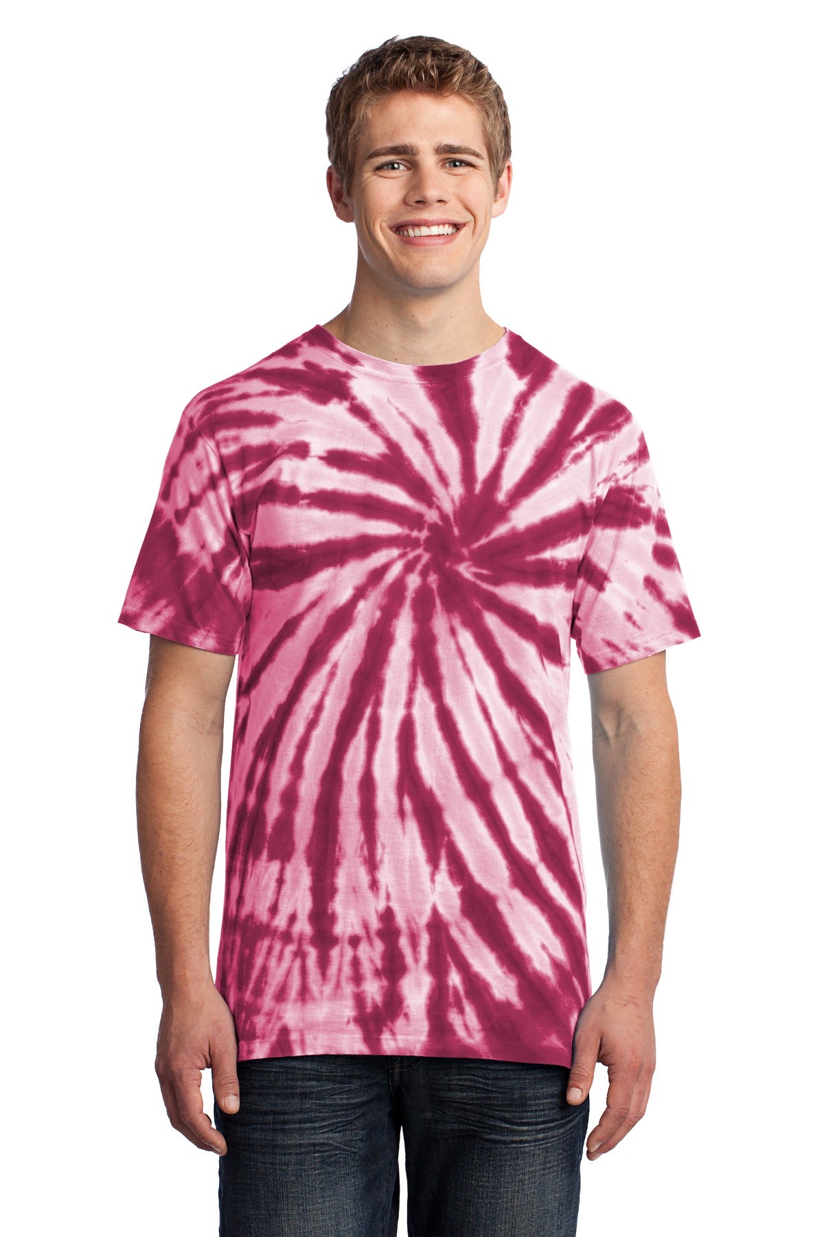 Front View of Maroon Port & Co Tie-Dye Tee. PC147 plain