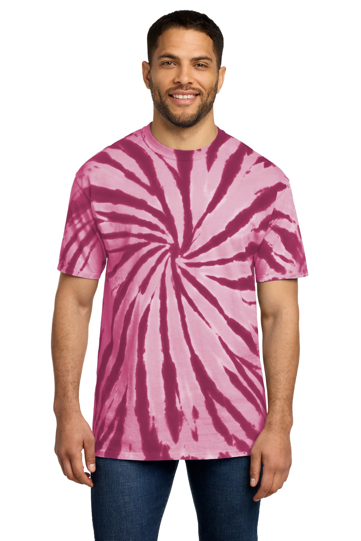 Front View of Maroon Port & Co Tie-Dye Tee. PC147 plain