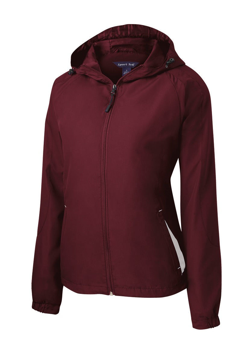Front View of Maroon/White Sport-Tek Women's Colorblock Hooded Raglan Jacket. LST76 plain