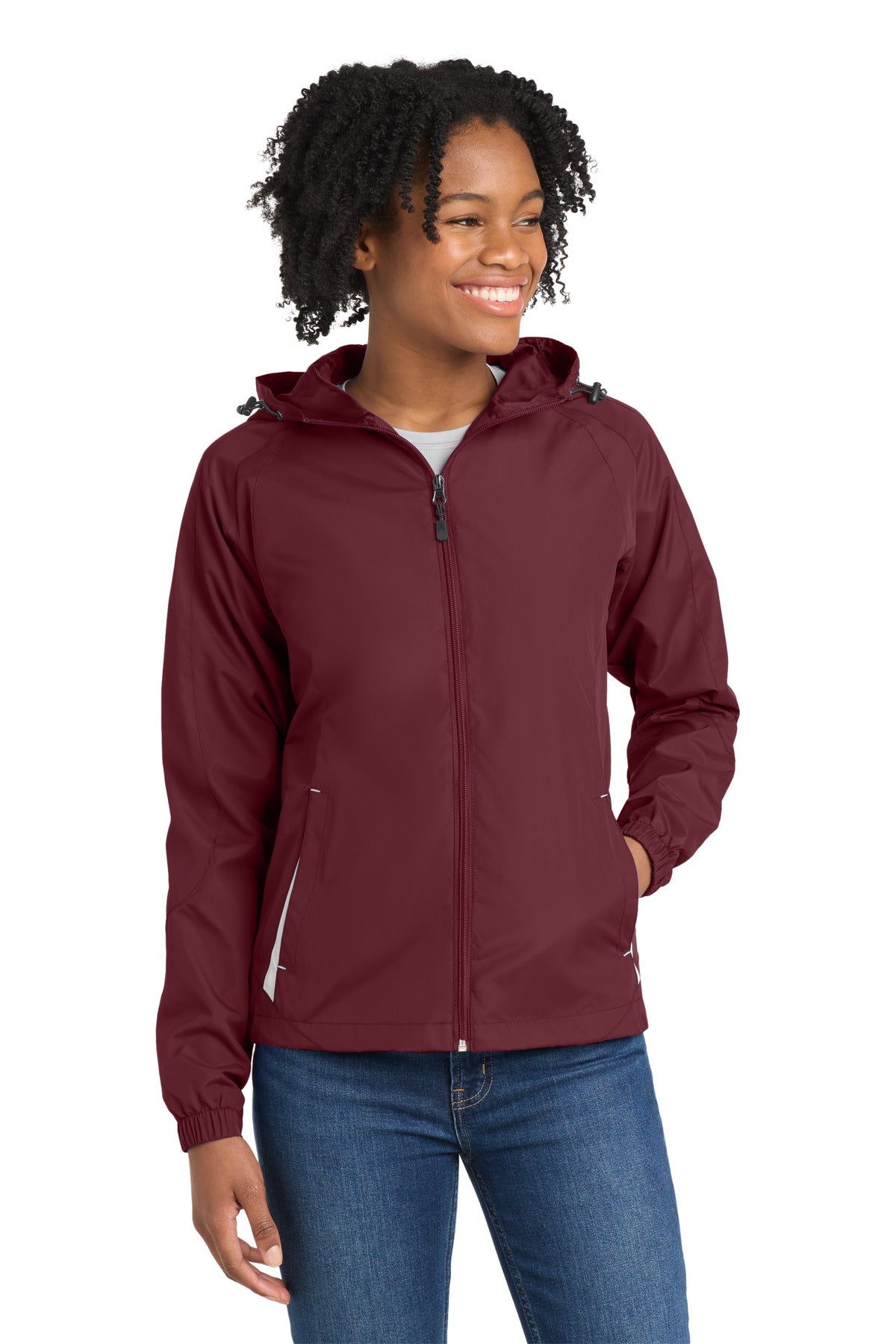 Front View of Maroon/White Sport-Tek Women's Colorblock Hooded Raglan Jacket. LST76 plain