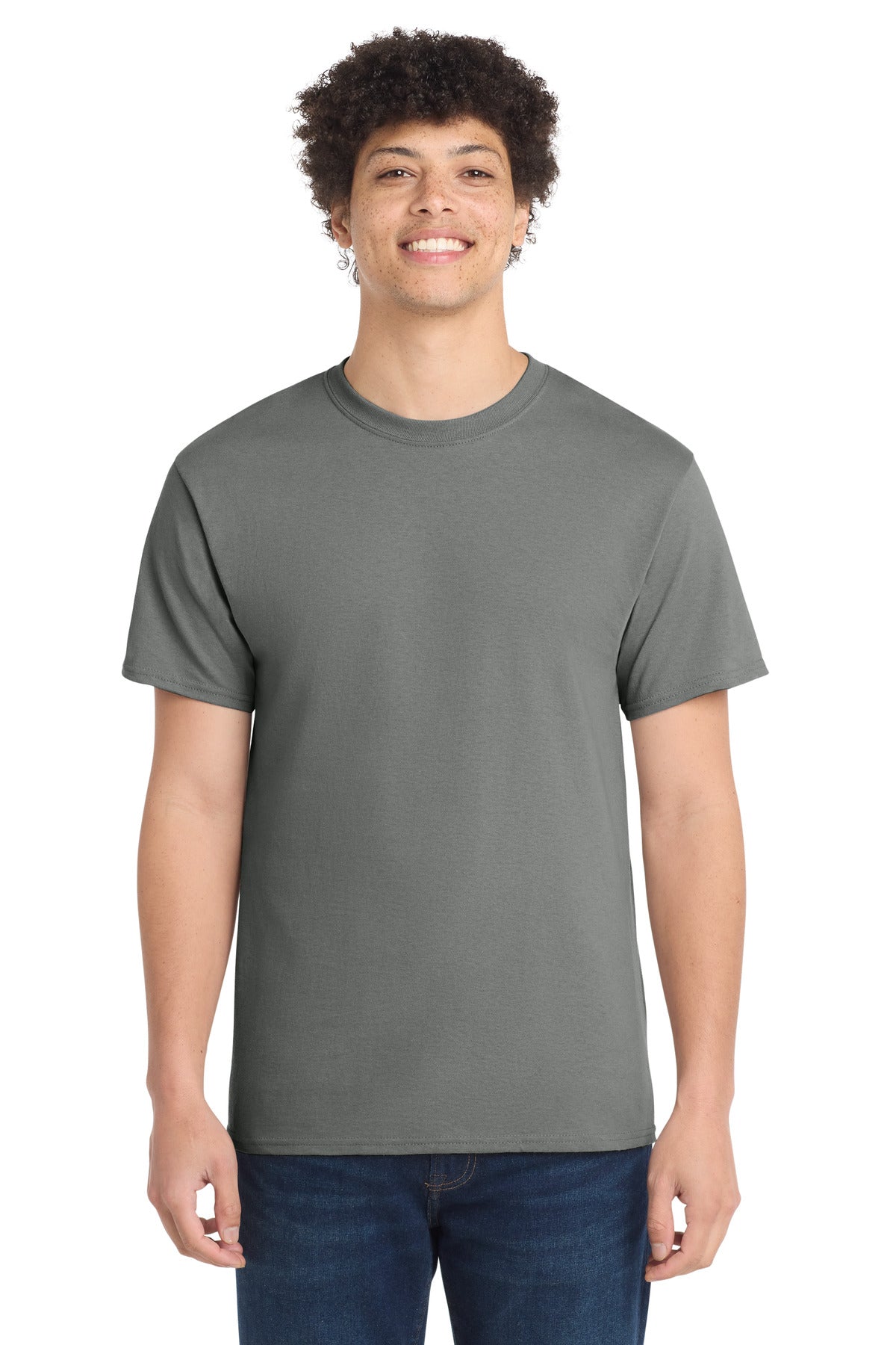 Front View of Medium Grey Port & Co Core Cotton Tee. PC54 plain