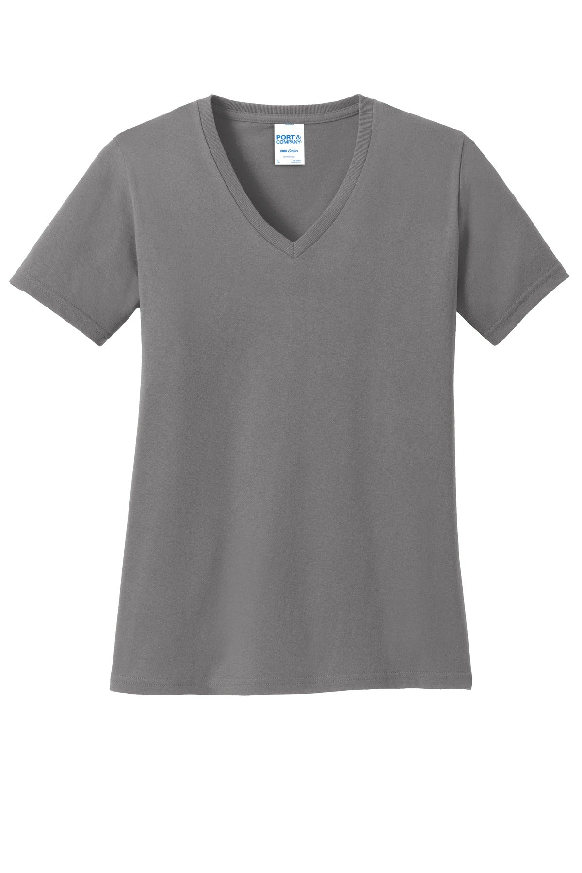 Front View of Medium Grey Port & Co Women's Core Cotton V-Neck Tee. LPC54V plain