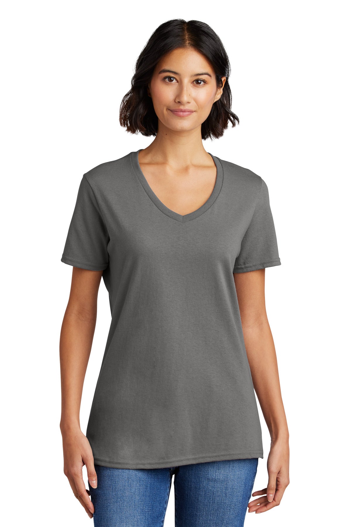 Front View of Medium Grey Port & Co Women's Core Cotton V-Neck Tee. LPC54V plain