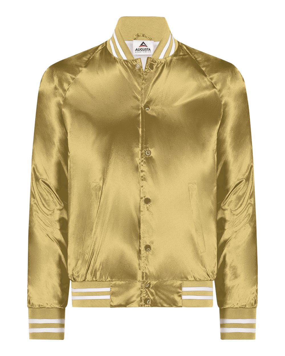 Front View of Metallic Gold/ White Satin Baseball Jacket Striped Trim - 3610 plain