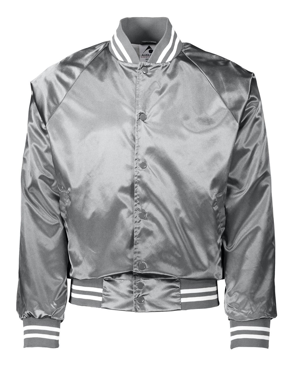 Front View of Metallic Silver/ White Satin Baseball Jacket Striped Trim - 3610 plain