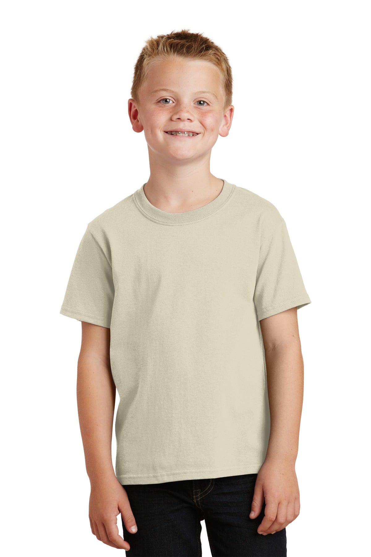 Front View of Natural Port & Co Youth Core Cotton Tee. PC54Y plain