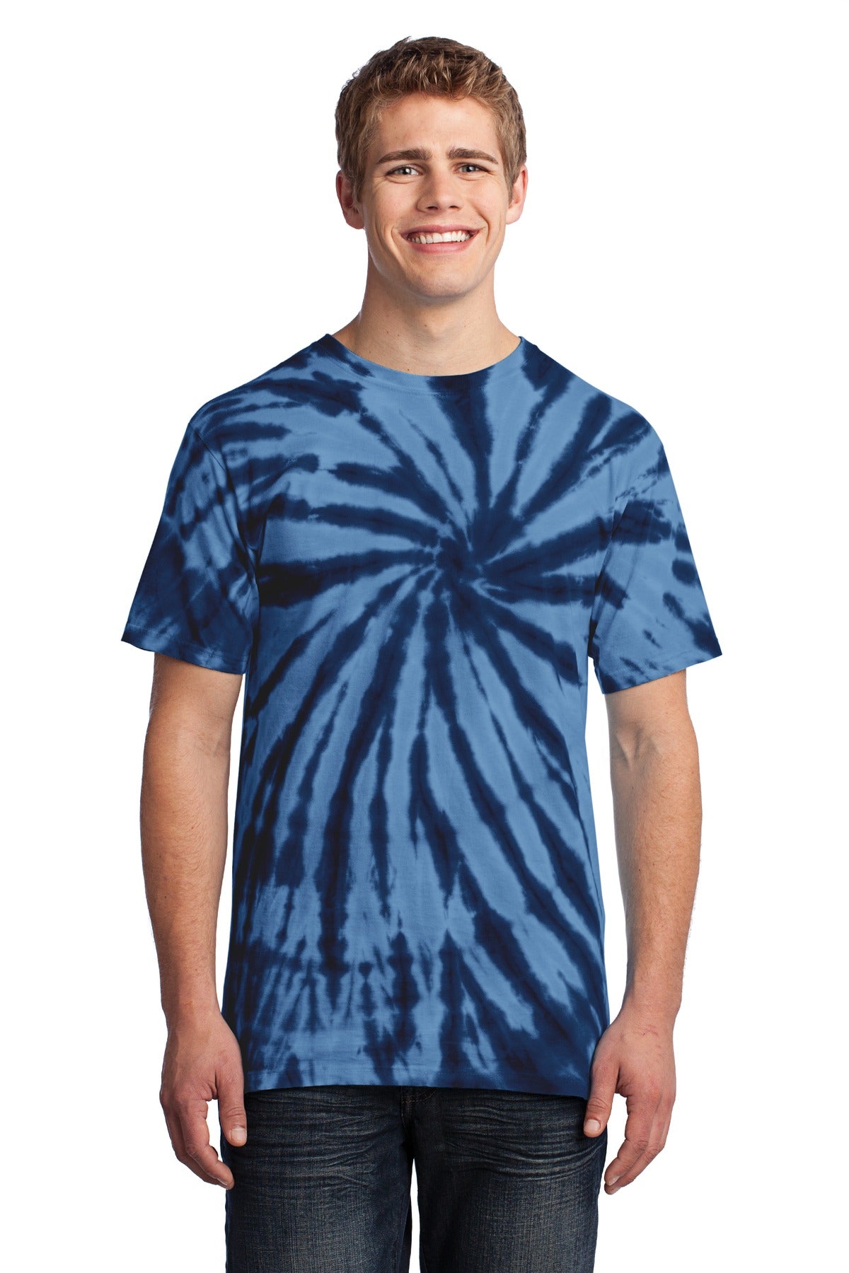 Front View of Navy Port & Co Tie-Dye Tee. PC147 plain