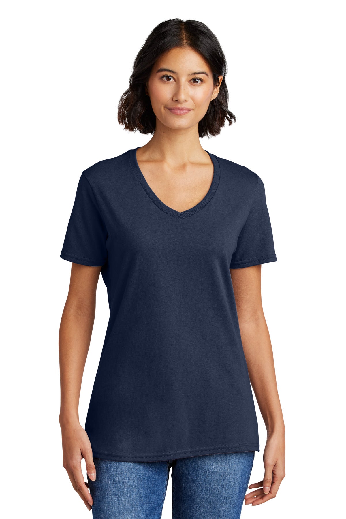 Front View of Navy Port & Co Women's Core Cotton V-Neck Tee. LPC54V plain