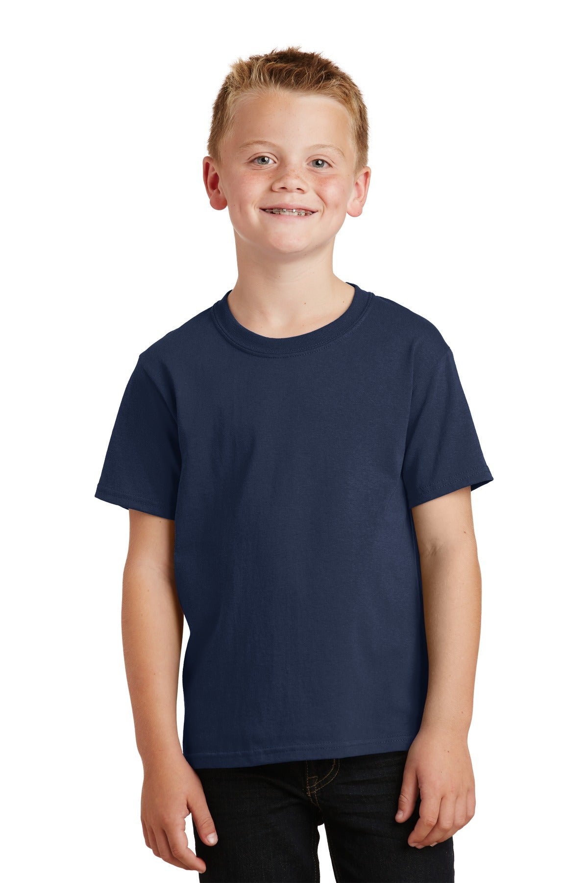 Front View of Navy Port & Co Youth Core Cotton Tee. PC54Y plain