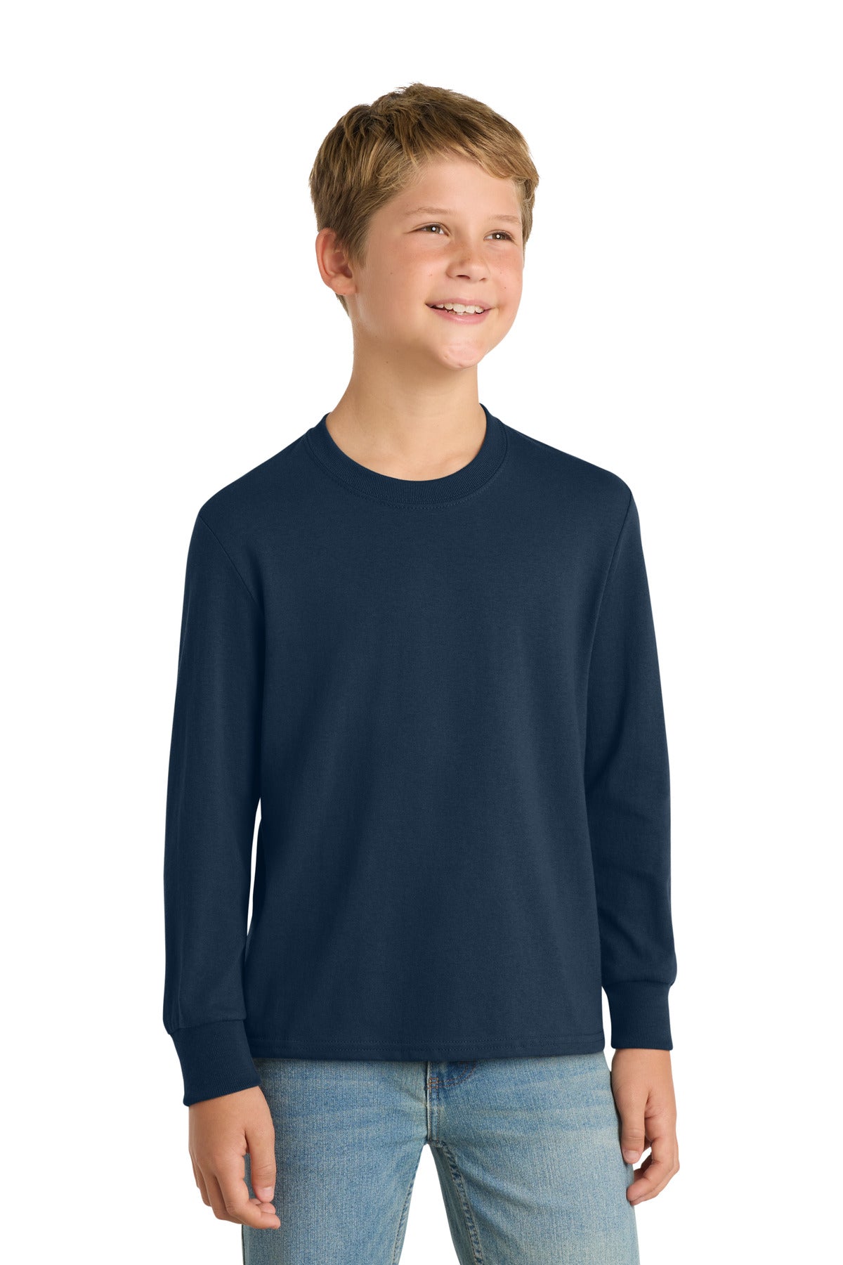 Front View of Navy Port & Co Youth Long Sleeve Core Cotton Tee. PC54YLS plain