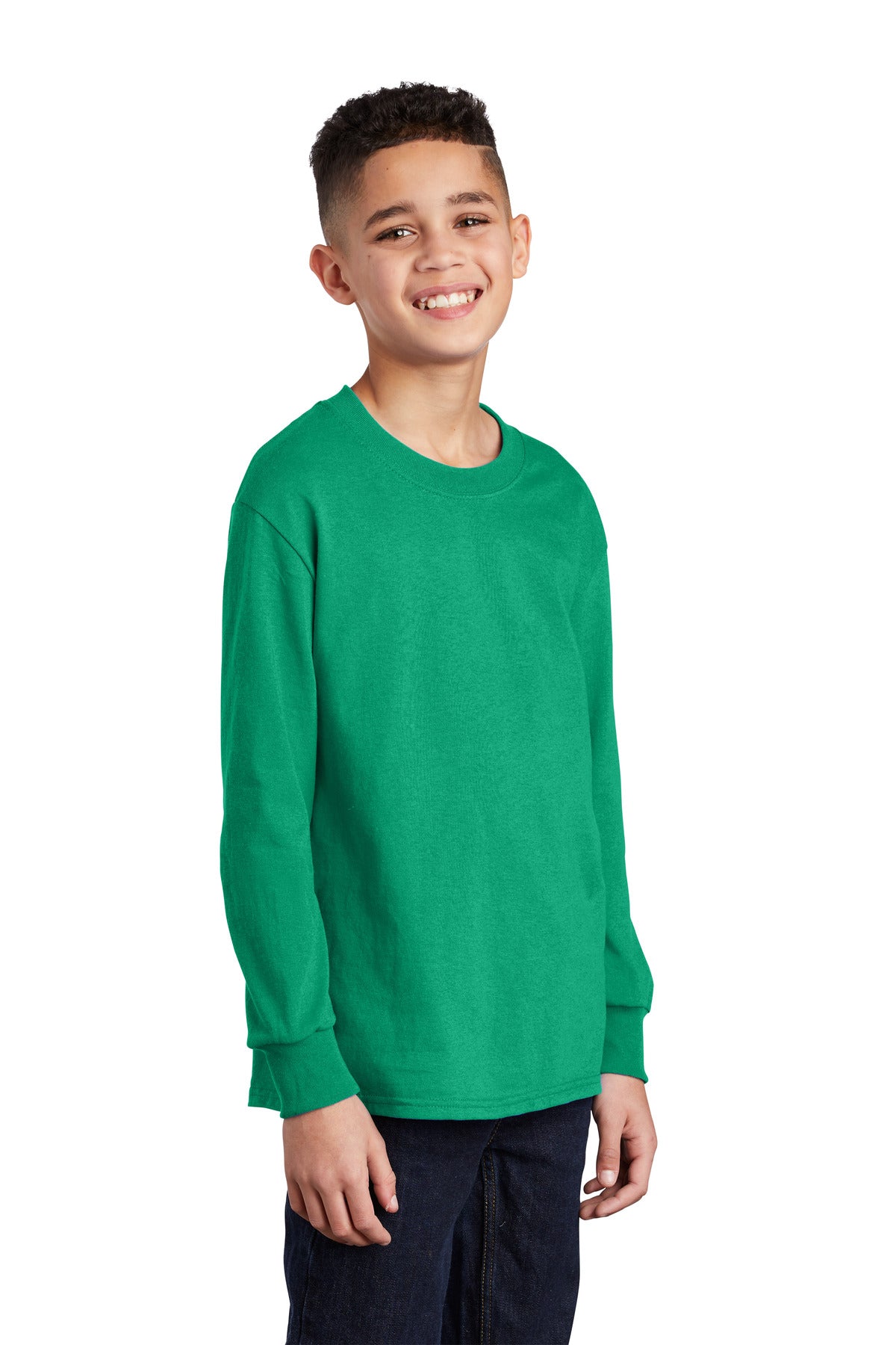 Front View of Navy Port & Co Youth Long Sleeve Core Cotton Tee. PC54YLS plain