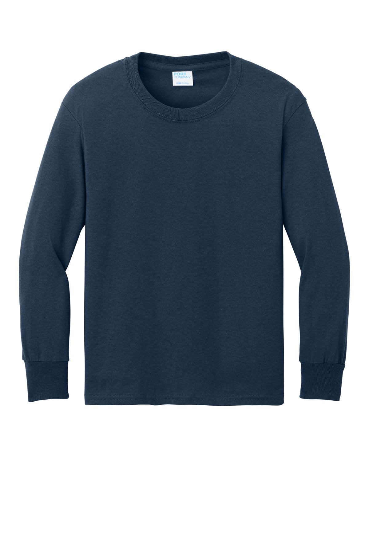 Front View of Navy Port & Co Youth Long Sleeve Core Cotton Tee. PC54YLS plain