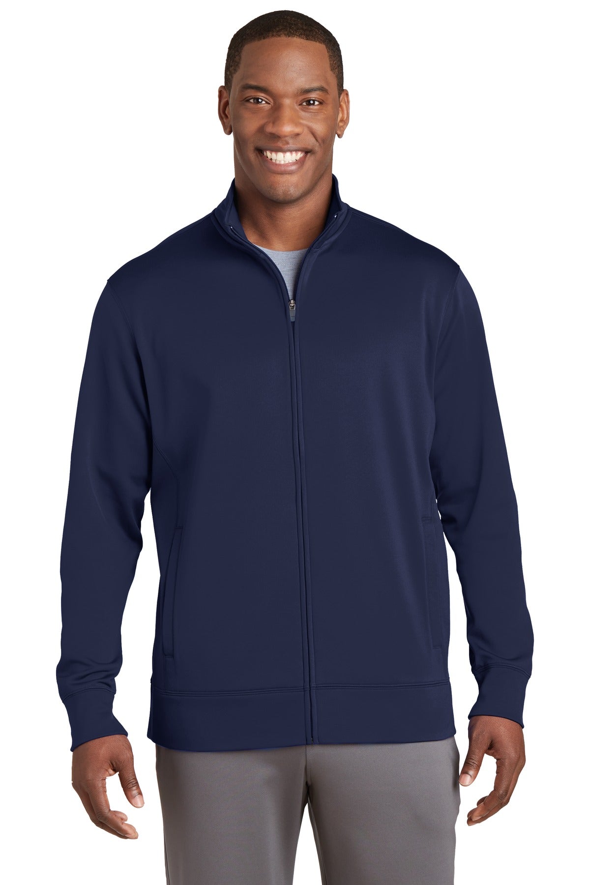 Front View of Navy Sport-Tek Sport-Wick Fleece Full-Zip Jacket. ST241 plain