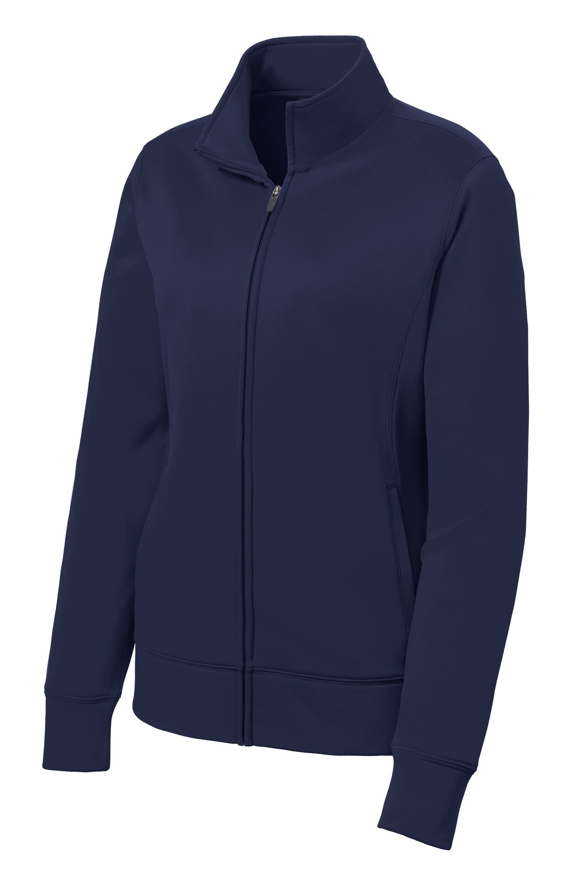 Front View of Navy Sport-Tek Women's Sport-Wick Fleece Full-Zip Jacket. LST241 plain