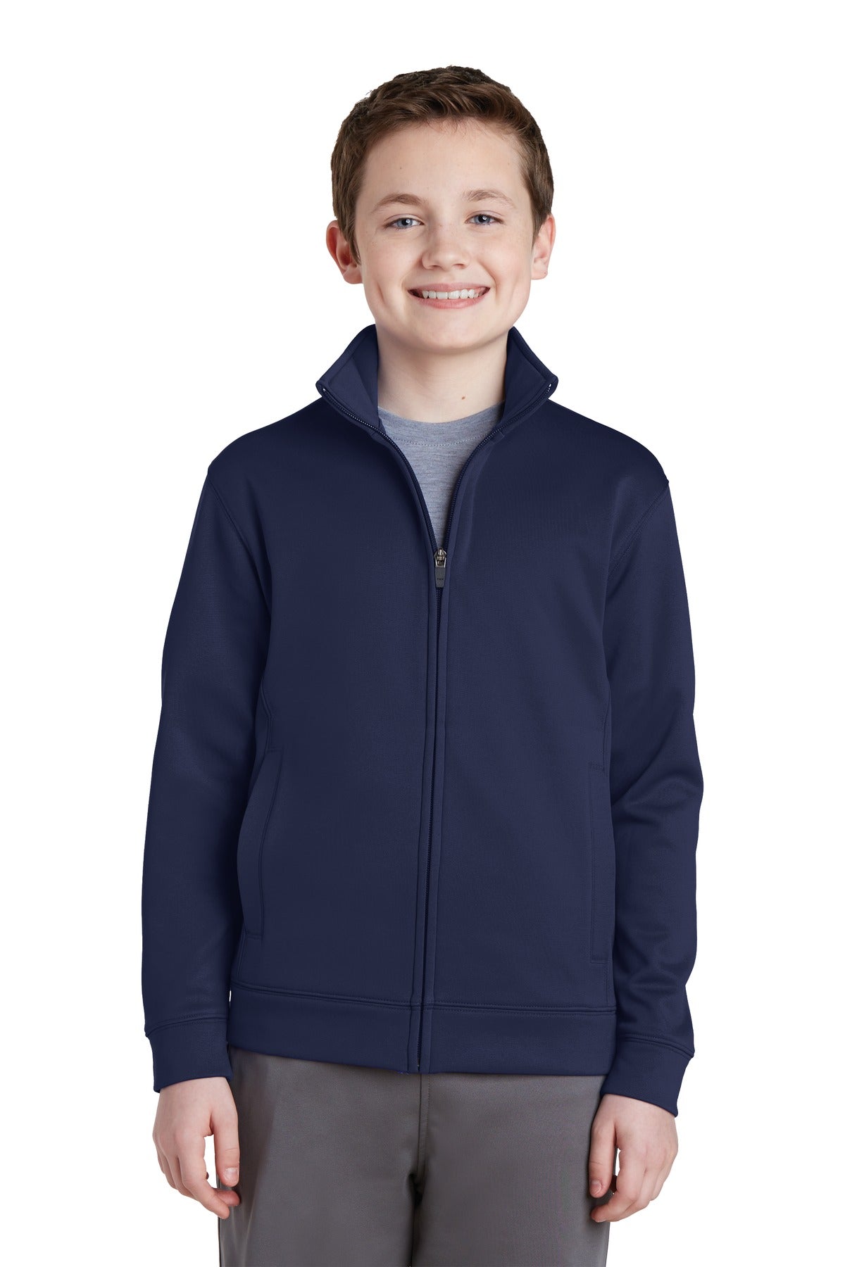 Front View of Navy Sport-Tek Youth Sport-Wick Fleece Full-Zip Jacket. YST241 plain