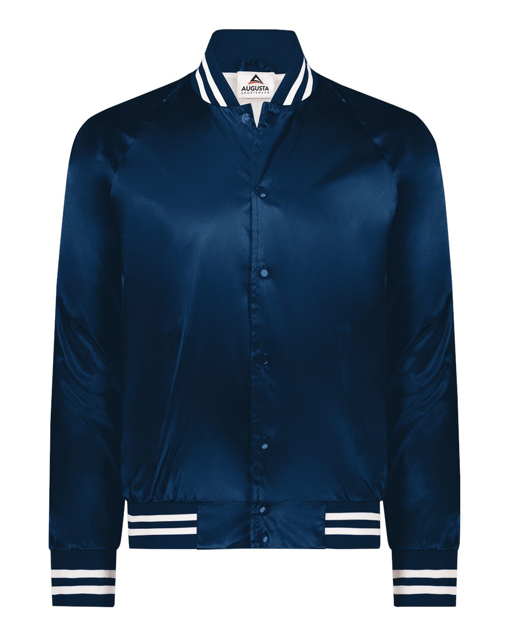 Front View of Navy/ White Satin Baseball Jacket Striped Trim - 3610 plain
