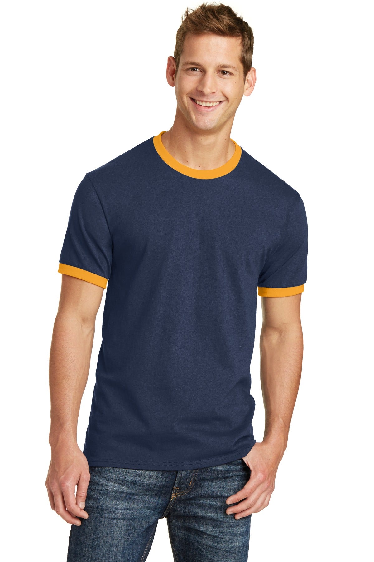 Front View of Navy/Gold Port & Co Core Cotton Ringer Tee. PC54R plain
