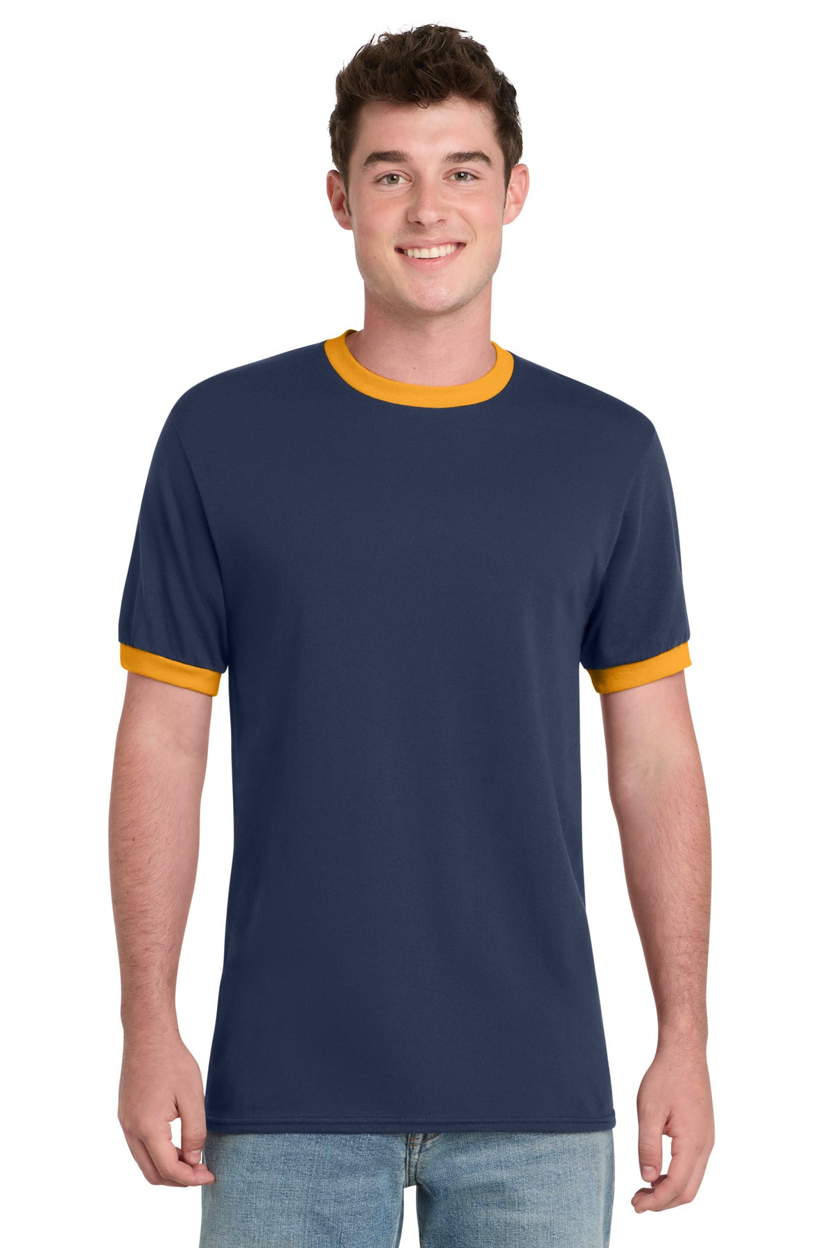 Front View of Navy/Gold Port & Co Core Cotton Ringer Tee. PC54R plain