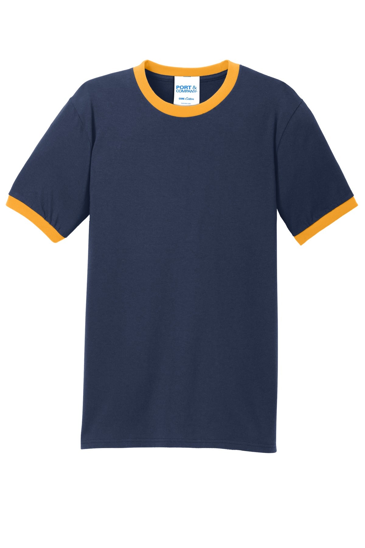 Front View of Navy/Gold Port & Co Core Cotton Ringer Tee. PC54R plain
