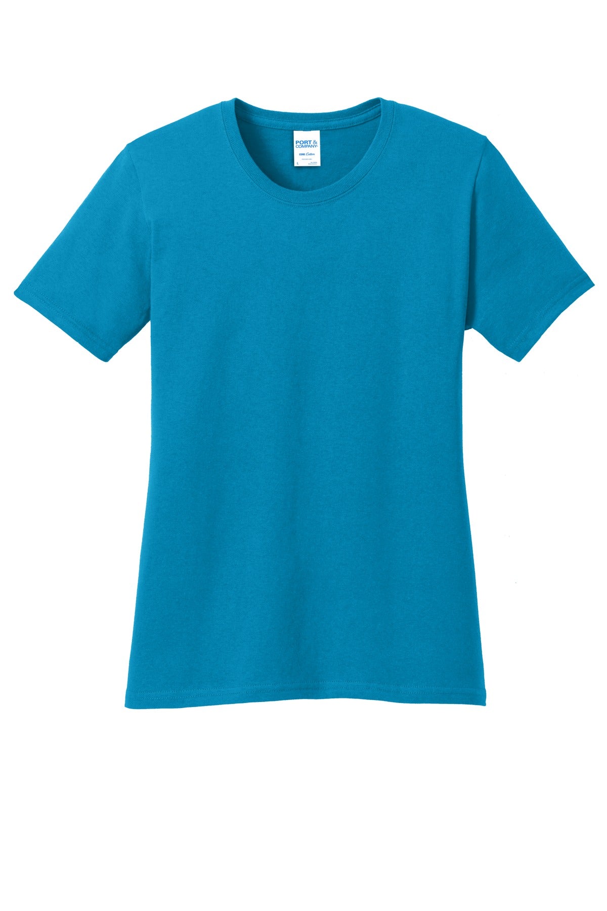 Front View of Neon Blue Port & Co Women's Core Cotton Tee. LPC54 plain