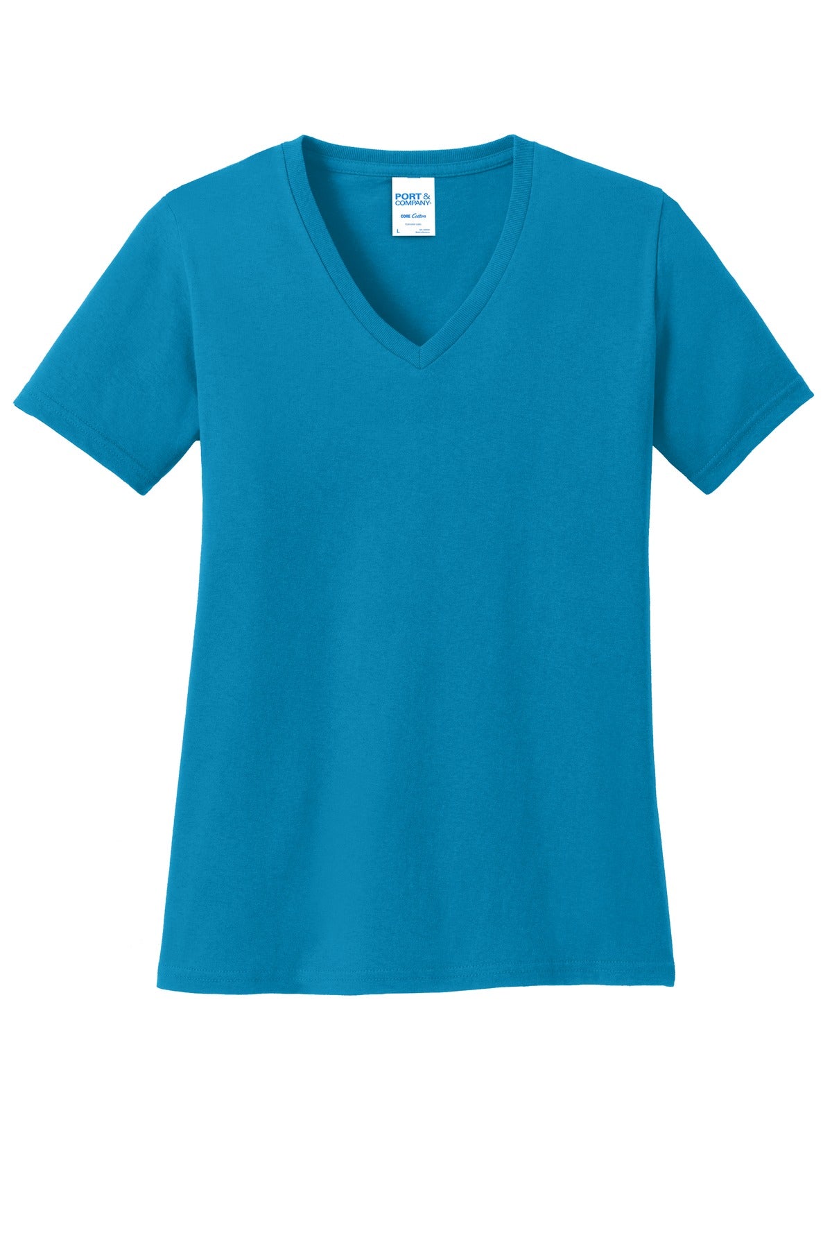 Front View of Neon Blue Port & Co Women's Core Cotton V-Neck Tee. LPC54V plain