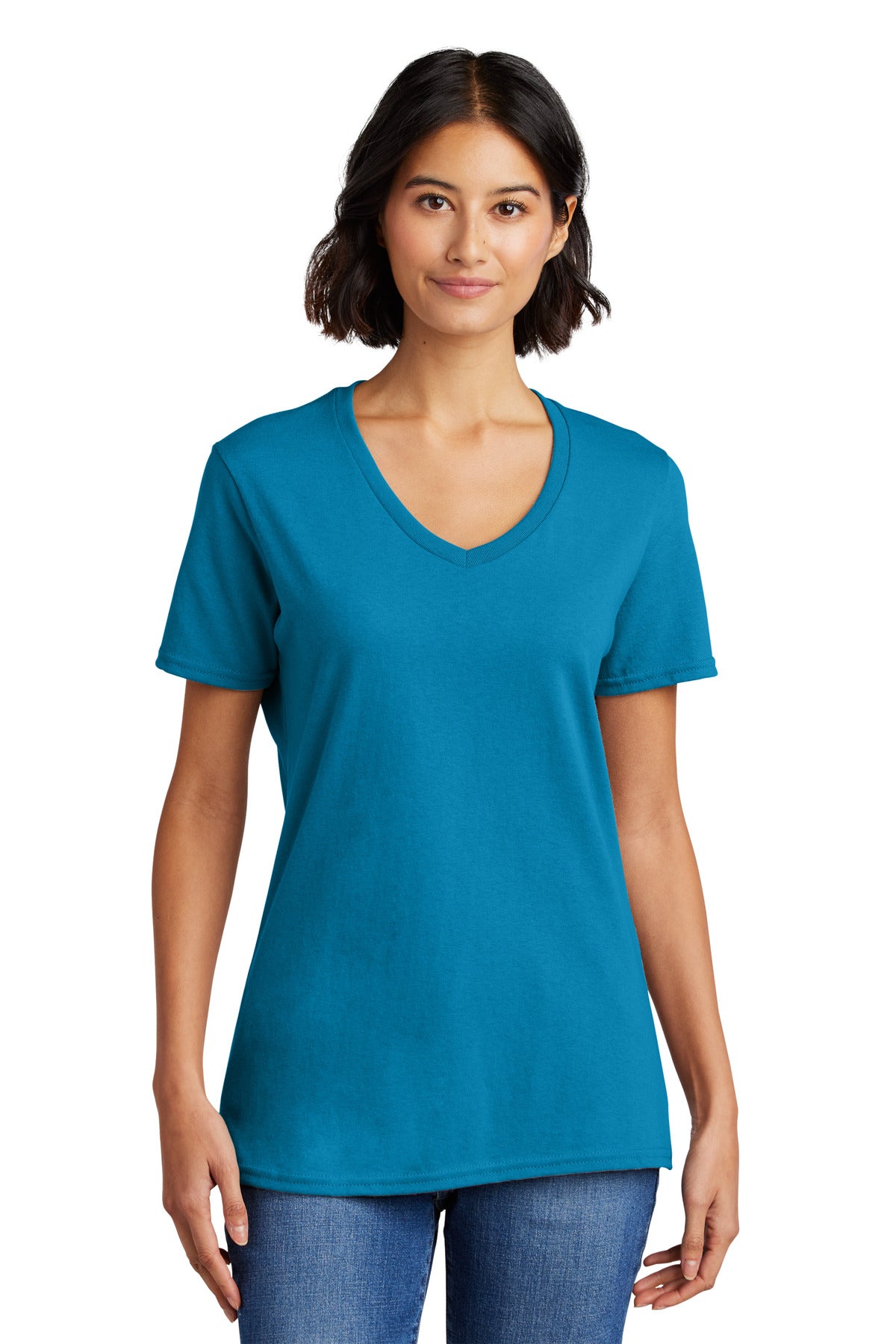 Front View of Neon Blue Port & Co Women's Core Cotton V-Neck Tee. LPC54V plain