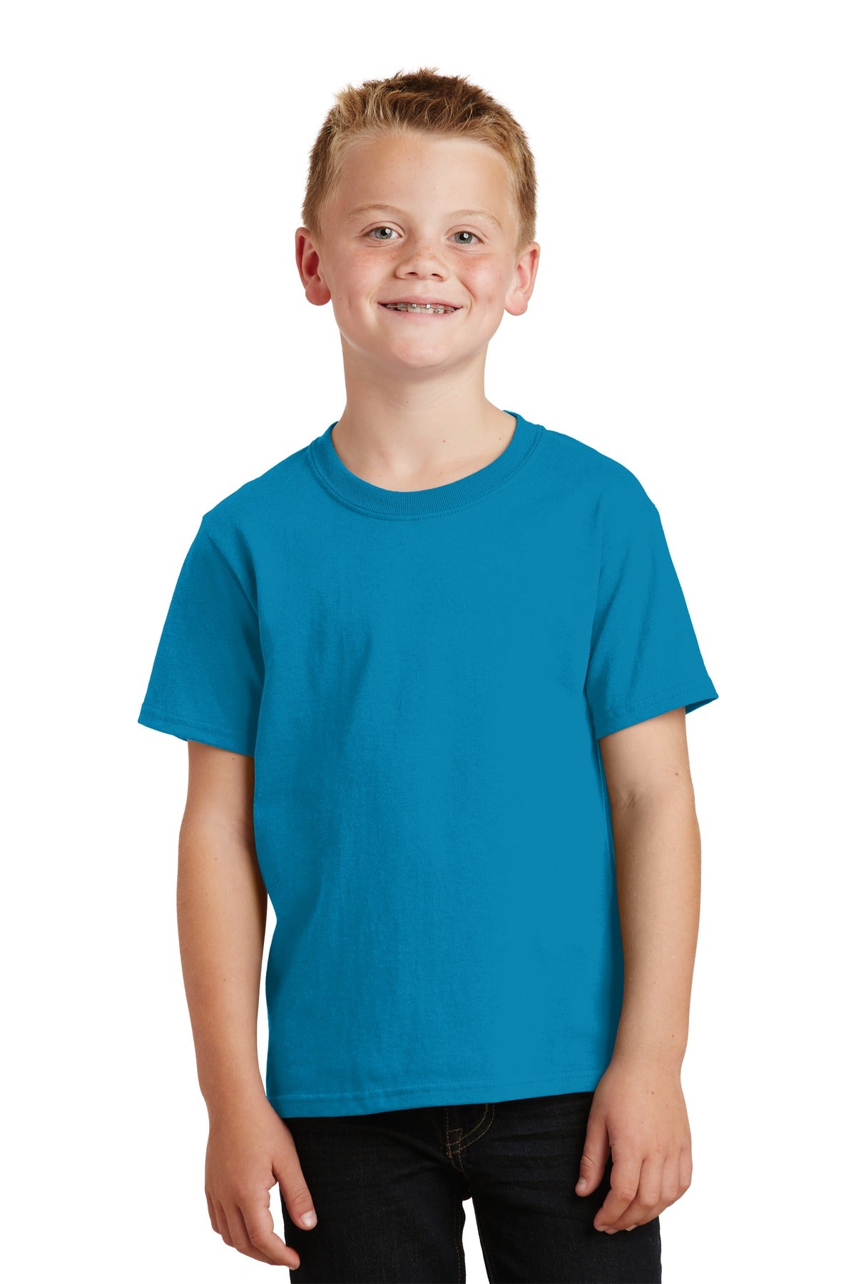 Front View of Neon Blue Port & Co Youth Core Cotton Tee. PC54Y plain