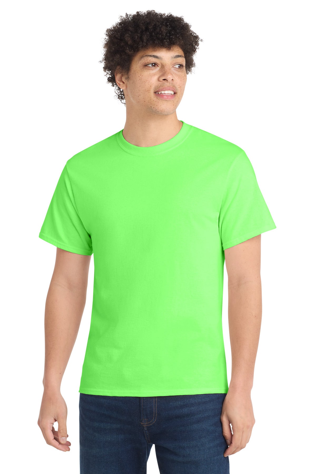 Front View of Neon Green Port & Co Core Cotton Tee. PC54 plain